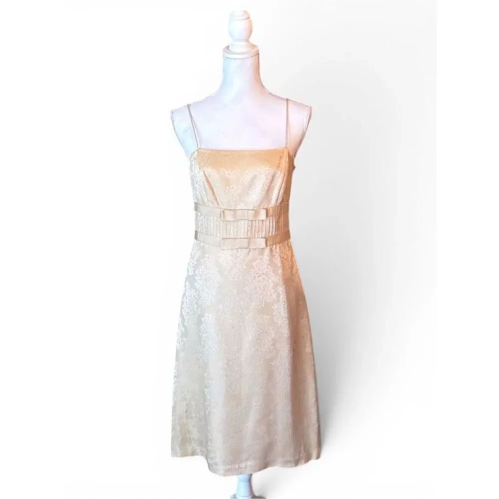 ANN TAYLOR Y2K Champagne Lace Overlay Satin Bow Waist Midi Dress Size 6